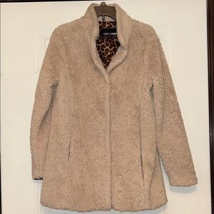 Faux Fur Women's Teddy Jacket M Tan Snap Closure Cozy Lined Fall Winter Leopard